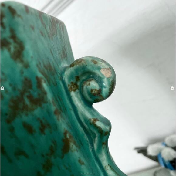 Vintage Rumrill 635 Vase Scrolls Green Teal Mottled Brown 1930s Art Deco Pottery - Picture 6 of 9